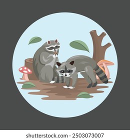 Raccoon Animal Couple Flat Vector Colorful with Nature Background Elements