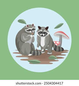 Raccoon Animal Couple Flat Vector Colorful with Nature Background Elements