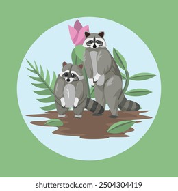 Raccoon Animal Couple Flat Vector Colorful with Nature Background Elements