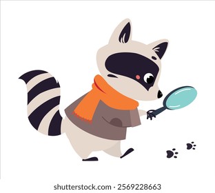 Raccoon Animal Detective Character with Magnifier Investigating and Search for Evidence Vector Illustration