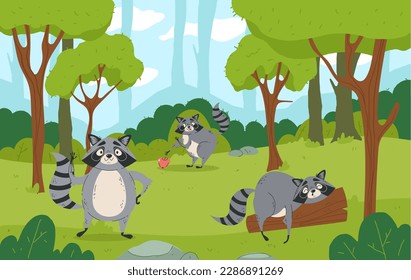 Raccoon animal forest wood background concept. Vector graphic design illustration