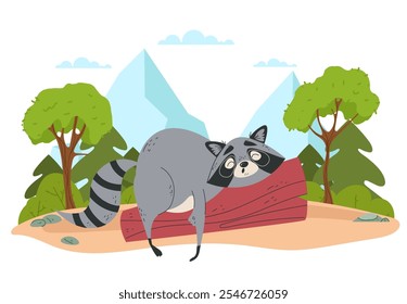 Raccoon conceito de fundo de madeira de floresta animal. Ilustração de design gráfico vetorial