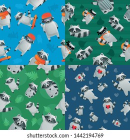 Raccoon animal pattern set. Cartoon illustration of raccoon animal vector pattern set for web design