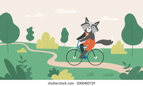 Raccoon en bicicleta o bicicleta en la ruta rural del pueblo en el paisaje verde de verano ilustración vectorial. Caricatura lindo Raccoon personaje ciclismo, viajando en verano de vacaciones de fondo