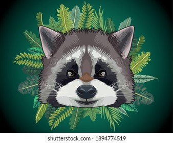 raccoon animal wild head character with leafs palms vector illustration design