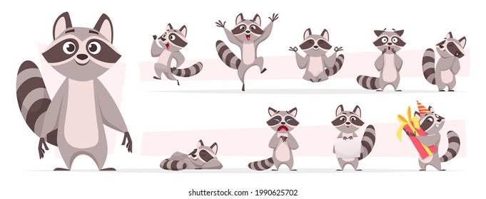 Raccoon animal. Wild mammal cute smile playing and jumping in various action poses forest dweller exact vector cartoon funny mascot
