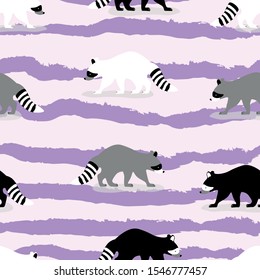 Raccoon animals seamless pattern on violet background . Concept for print, web design, cards, textile