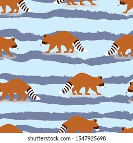 Raccoon animals seamless pattern on blue background. Concept for print , web design, cards, textile 