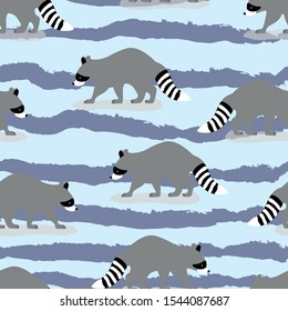 Raccoon animals vector seamless pattern on blue background. Concept for print, web design , cards, textile