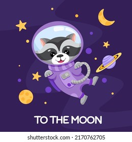 Raccoon Astronaut In Space Suit For Birthday Party Flyer, Kids Print Texture And Baby Shower. Cute Animal With Planets Moon Stars In Open Space. Vector Cartoon Illustration