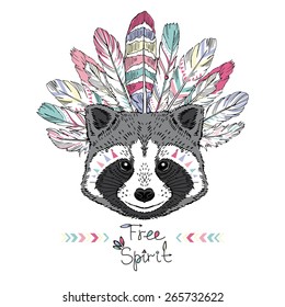 raccoon aztec style, hand drawn animal illustration, native american poster, t-shirt design