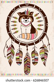 Raccoon aztec style, hand drawn. Dream catcher background. native american poster. Boho style. Totem animal. animal illustration.