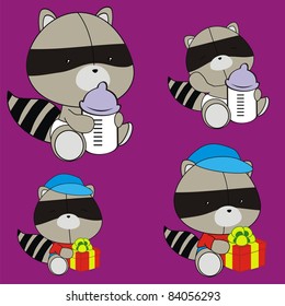 raccoon baby cartoon set in vector format
