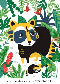 Raccoon and baby raccoon in forest pattern. Vector illustration