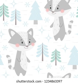 Raccoon baby winter seamless pattern. Cute animal in snowy forest christmas print. Cool illustration for nursery, t-shirt, kids apparel, party and baby shower invitation. Scandinavian child design