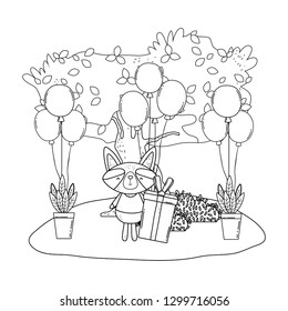 raccoon with balloons and gifts in the camp