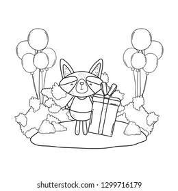 raccoon with balloons and gifts in the camp