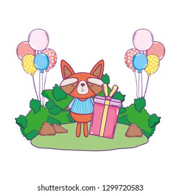 raccoon with balloons and gifts in the camp