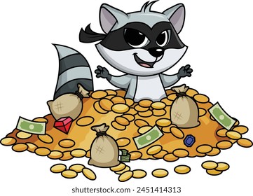 Raccoon bandit buried in treasure vector illustration