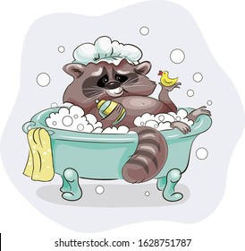 
raccoon bathes in the bath