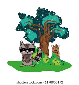 raccoon and bear animals with tree and bushes