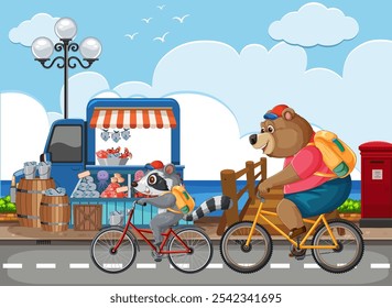 Guaxinim e ciclismo de urso por um mercado à beira-mar