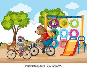 Raccoon and bear riding bikes in a playground