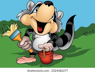 Raccoon with a Big Smile with a Can of Paint and a Brush in his Paws - Colored Cartoon Illustration with Background, Vector