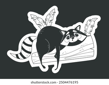 Raccoon black sticker line art flat simple style concept. Vector graphic design illustration element