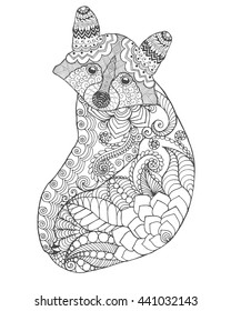 Raccoon. Black white hand drawn doodle animal. Ethnic patterned vector illustration. African, indian, totem, tribal, zentangle design. Sketch for coloring page, tattoo, poster, print, t-shirt