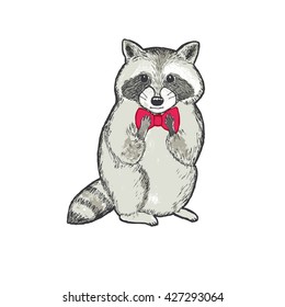 Raccoon with bowtie. Outline with watercolor background. Vector illustration.