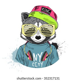 Raccoon Boy Dressed Up In Cool Hip Hop Style With Headphones, Hand Drawn Graphic, Hipster Animal Portrait