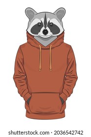 Raccoon con sudadera marrón o capucha. Ilustración vectorial para sudaderas, sudaderas, camisetas, afiches, tarjetas. Animales antropomórficos	