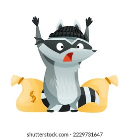 Raccoon Burglar with Striped Tail Wearing Mask Caught Red-handed with Sack of Money Vector Illustration