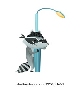 Raccoon Burglar with Striped Tail Wearing Mask Hiding Behind Lamp Post Vector Illustration