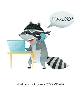 Raccoon Burglar with Striped Tail Wearing Mask Breaking Password on Laptop Speaking by Phone Cheating Someone Vector Illustration