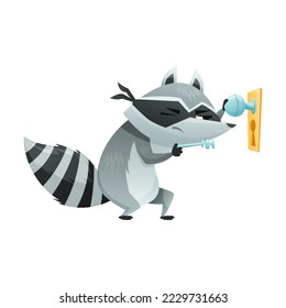 Raccoon Burglar with Striped Tail Wearing Mask Breaking Door Lock Vector Illustration