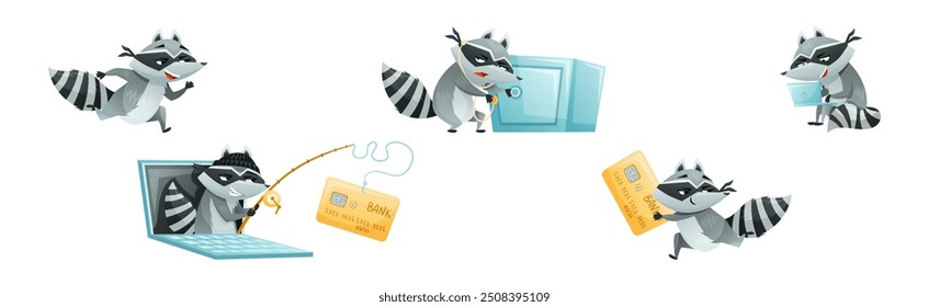 Raccoon Burglar with Striped Tail Wearing Mask Stealing and Hacking Vector Set