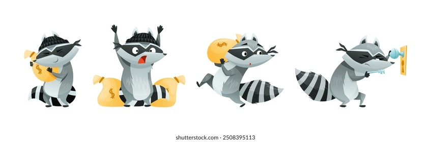 Raccoon Burglar com Striped Tail Vestindo Máscara Roubo e Hacking Vetor Set