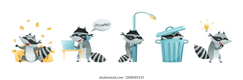 Raccoon Burglar com Striped Tail Vestindo Máscara Roubo e Hacking Vetor Set