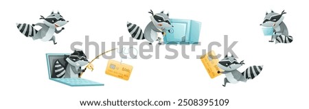 Raccoon Burglar with Striped Tail Wearing Mask Stealing and Hacking Vector Set