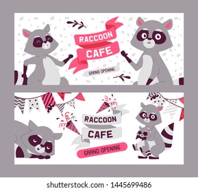 Raccoon cafe, grand opening set of banners, brochures vector illustration. Family of cute cartoon animals. Creature with big eyes on background with confetti and birthday flags.