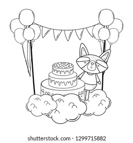 raccoon with cake and balloons helium in the field
