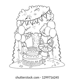 raccoon with cake and balloons helium in the field