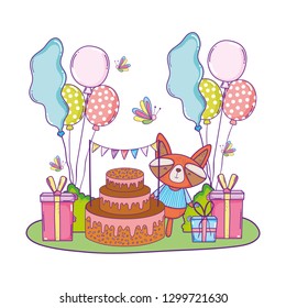 raccoon with cake and balloons helium in the field