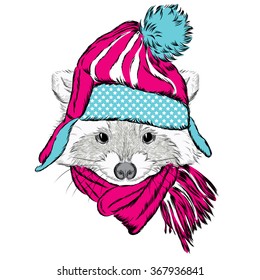 Raccoon in a cap and scarf. Vector illustration for greeting card, poster, or print on clothes.