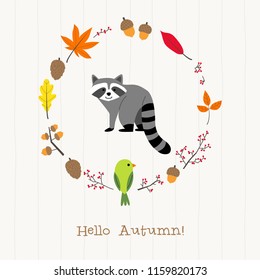 raccoon card,cute autumn frame greeting card,hello autumn