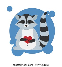 Raccoon carrying a heart. Racoon pet. Cartoon flat drawn illustration.