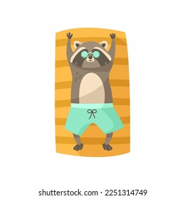 Raccoon cartoon character sunbathing vector illustration. Summer resort, funny comic wild animal in sunglasses relaxing on beach towel on white background. Wildlife, vacation concept