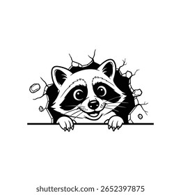 Raccoon Cartoon, Cute Raccoon Peeking Clipart, Funny Raccoon Hole Wall Vector, Black and White Animal Illustration